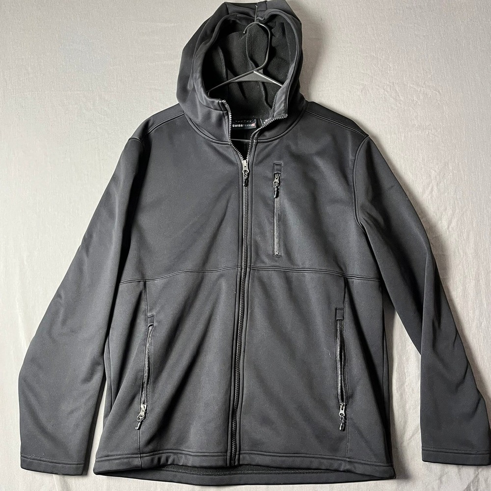 Swiss Tech Jacket Mens M Softshell Hoodie Black Full Zip Fleece Lined EUC